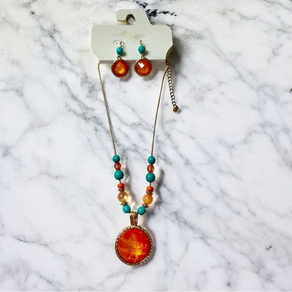 Necklace / Earrings Set Gemstone Orange Turquoise Gold Boho Glam Fashion *NEW* - Picture 1 of 8